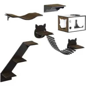 Image of PawHut 5 Piece Cat Wall Shelves, Wall-Mounted Cat Tree for Indoor Use - Brown - Coffee Brown