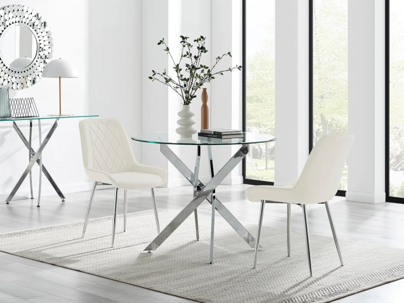 Image of FurnitureboxUK FurnitureboxUK Novara 100cm Round Dining Table and 2 Pesaro Silver Leg Chairs in Cream Cream One Size Unisex 5061064381028