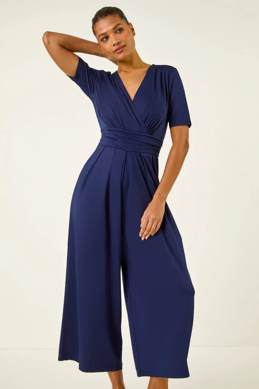 Image of Roman Womens Wrap Bodice Belted Jumpsuit in Navy Size: 12 Navy Female 12
