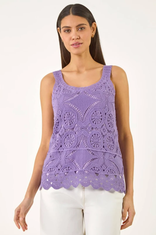 Image of Roman Womens Cotton Crochet Knit Vest Top in Purple Size: 10 Purple Female 10