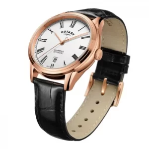 Image of Rotary Cambridge Mens Rose Gold Plated Black Strap Watch