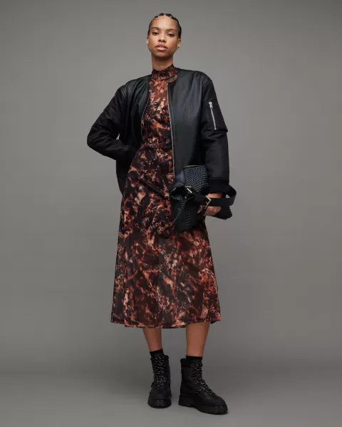 Image of AllSaints Hanna Funnel Neck Printed Midi Dress
