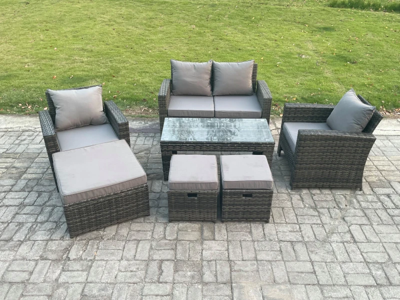 Image of Fimous 7 Seater Outdoor Rattan Garden Furniture Set Patio Lounge Sofa Set with Coffee Table 3 Footstools Dark Grey Mixed Dark Grey Unisex