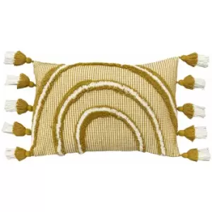 Image of Rainbow Tufted 100% Cotton Tasselled Cushion Cover, Ochre, 30 x 50 Cm - Furn