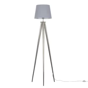 Image of Nero Brushed Chrome Tripod Floor Lamp with Grey Aspen Shade