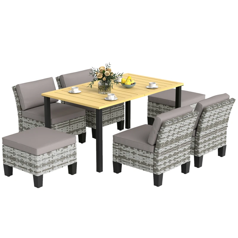 Image of Outsunny 7 PCS Rattan Garden Dining Set with Cushions, Umbrella Hole, Grey 861-110V70GY