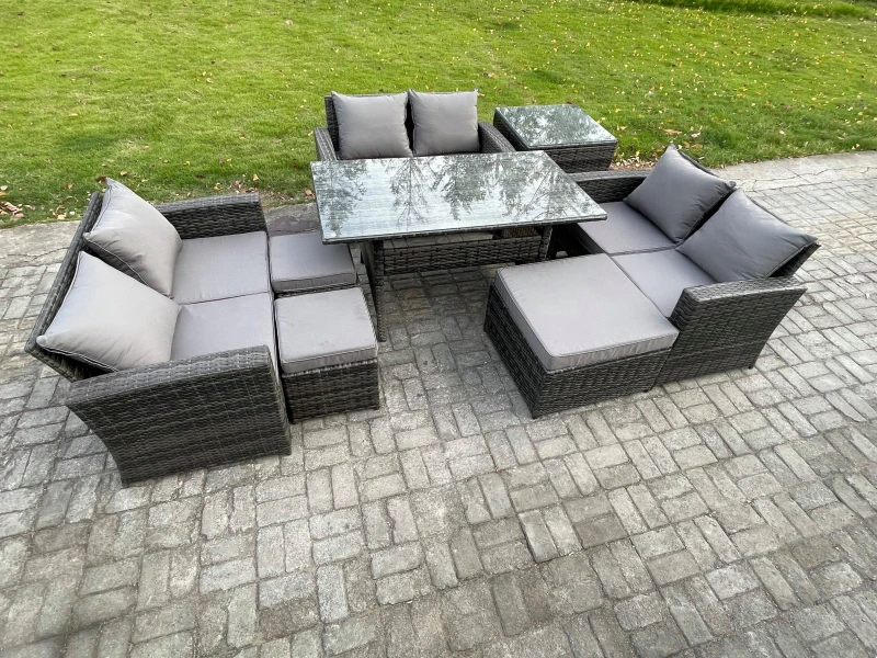 Image of Fimous Wicker Rattan Garden Furniture Sets Outdoor Lounge Sofa Set with Oblong Dining Table Double Seat Sofa Dark Grey Mixed Dark Grey Unisex