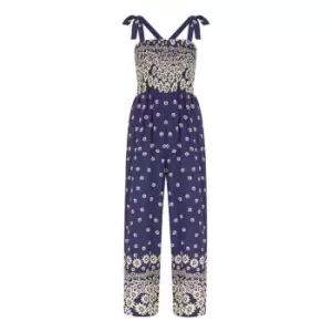 Image of Mela London Navy Daisy Border Shirred Tie Jumpsuit - Blue
