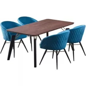 Image of 5 Pieces Life Interiors Vittorio Cosmo Dining Set - a Rectangular Walnut Dining Table and Set of 4 Blue Dining Chairs - Blue