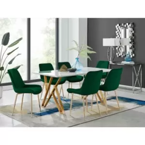 Image of Taranto White High Gloss Dining Table and 6 Green Pesaro Gold Leg Chairs - Green