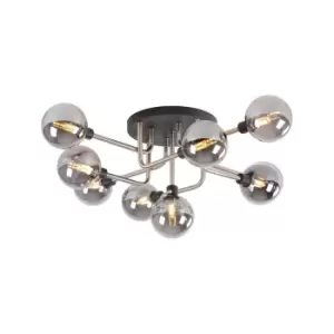 Image of Humphrey Flush Ceiling Lamp, 9 Light G9, Graphite, Satin Nickel, Smoke Glass