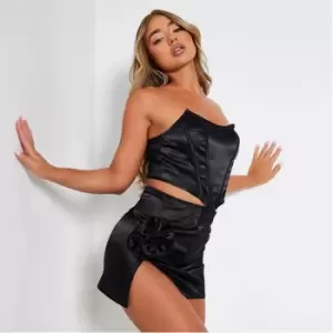 Image of I Saw It First 3D Rose Satin Side Split Mini Skirt Co-Ord - Black