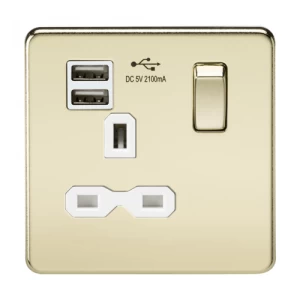 Image of KnightsBridge 13A 1G Screwless Polished Brass 1G Switched Socket with Dual 5V USB Charger Ports - White Insert