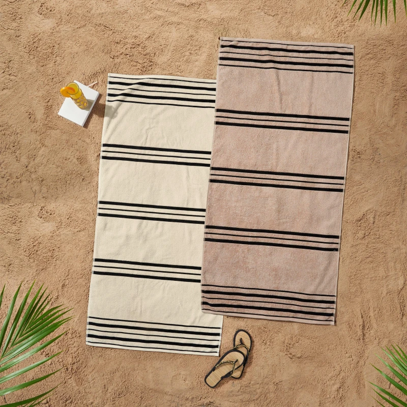 Image of Pack of Two Catherine Lansfield Banded Stripe Cotton Beach Towel Cream