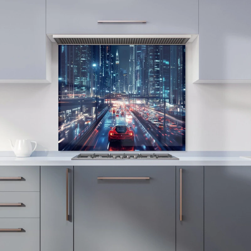 Image of Warren Reed - Designer Red Streak through Nighttime Dubai Kitchen Splashback Size: 900mm x 750mm Multicolor Unisex 900mm x 750mm