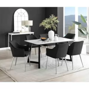 Image of Furniture Box Carson White Marble Effect Dining Table and 6 Black Calla Silver Leg Chairs