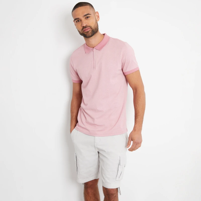 Image of Threadbare Cotton Geometric Print Zip Neck Polo Shirt - Pink Pink S