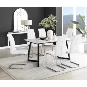 Image of Furniturebox UK - Furniturebox Carson White Marble Effect Rectangular 160cm Dining Table & 6 White Murano Faux Leather Chairs