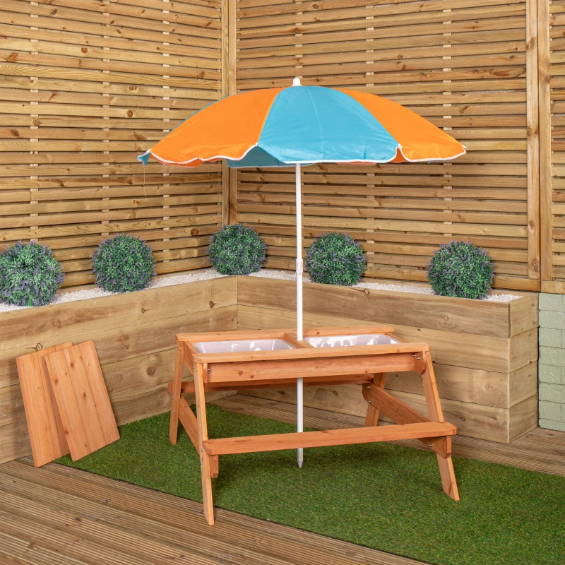 Image of Kids Outdoor Wooden Picnic & Activity Table with Removable Plastic Trays & Parasol