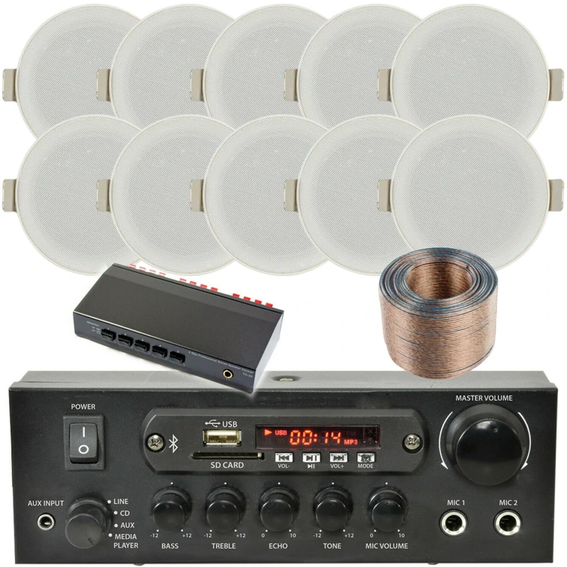 Image of Loops Bluetooth Ceiling Music Kit 5 Zone Stereo Amp & 10x Low Profile HiFi Speaker Multi unisex