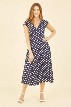 Image of Navy Spot Print Kimono Sleeve Midi Dress