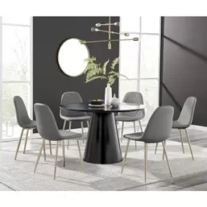 Image of Furniturebox Palma Black Semi Gloss 120cm Round Minimalist Dining Table & 6 Black Corona Faux Leather Dining Chairs with Gold Legs Diamond Stitch
