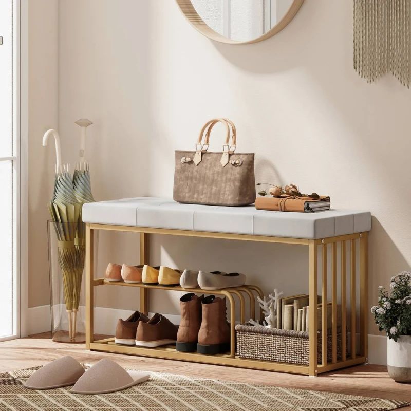 Image of HOMCOM Shoe Storage Bench with Seat Cushion Tufted Shoe Rack Bench in Grey Grey Unisex