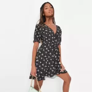 Image of Missguided Wrap Ss Printed Tea Dress Ditsy - Black