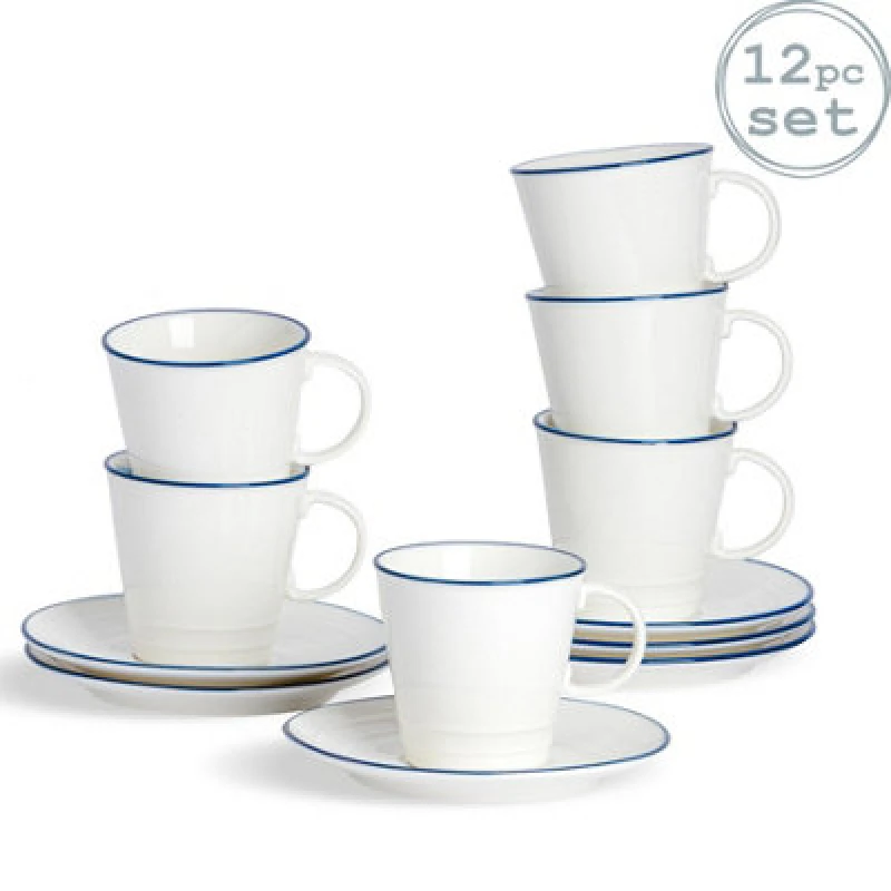 Image of Nicola Spring 12Pc Farmhouse Teacups & Saucers Set - 270ml Coffee Cup & Saucer Cappuccino Mugs Latte Drinking Mug Tea Plates