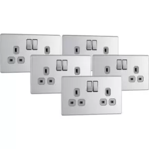 Image of BG Screwless Flat Plate Brushed Stainless Steel 13A DP Switch Socket 2 Gang Trade Pack (5 Pack) in Silver