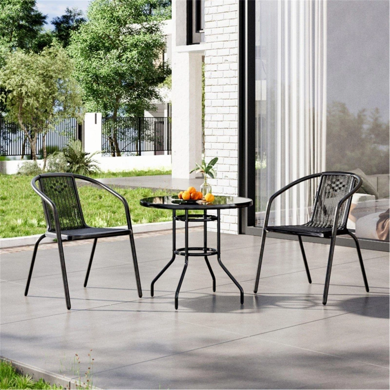Image of Breeins Tempered Glass Outdoor Table with 2 Rattan Chairs - Black L