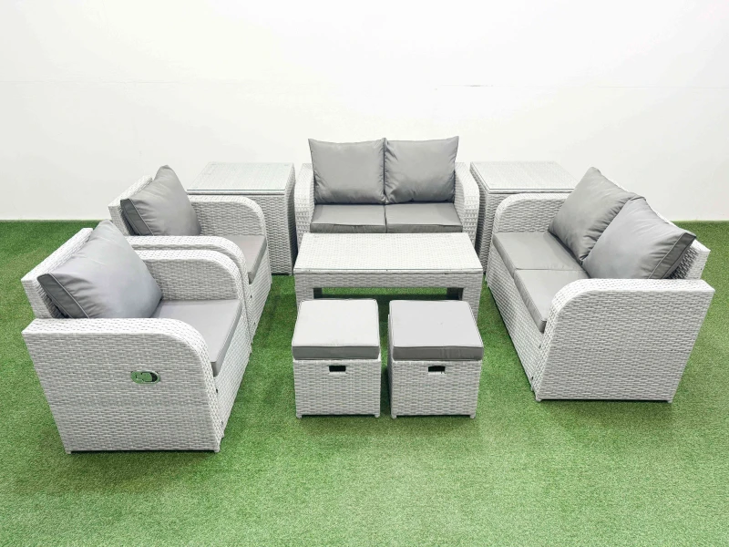 Image of Fimous 8 Seater Outdoor Reclining Chair Love Sofa Set Rattan Garden Furniture Set with Oblong Coffee Table 2 Stools 2 Side Table Light Grey Light Grey