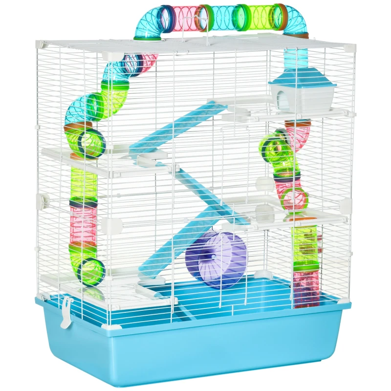 Image of PawHut Hamster Cage w/ Water Bottle, Exercise Wheel, Tubes, Ramps-Light Blue D51-233LB