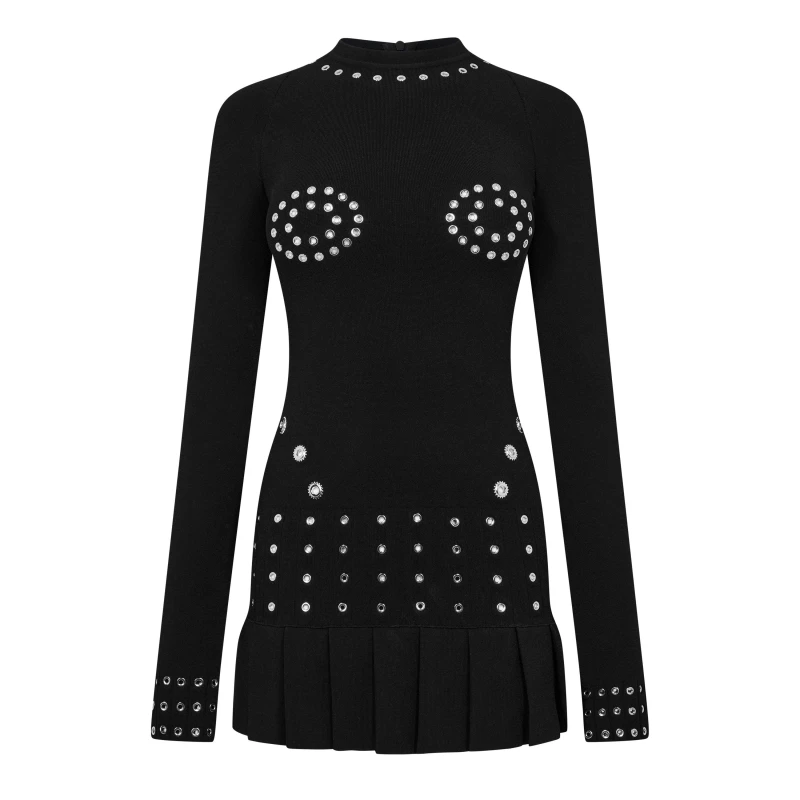 Image of Off White Womens Eyelet Pleated Mini Dress Black female 38 (XS)