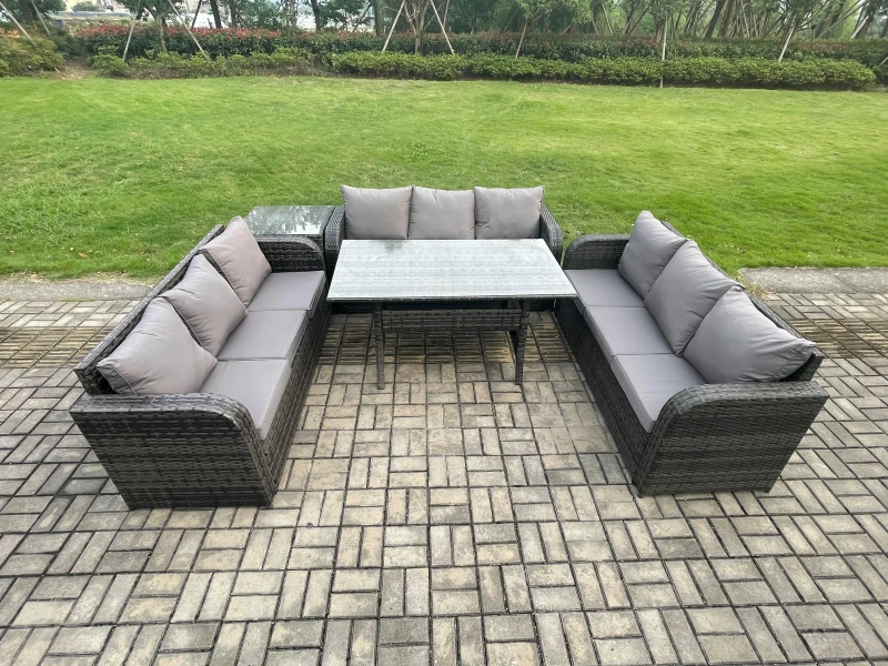 Image of Fimous Rattan Garden Furniture Set with Oblong Rectangular Dining Table Side Table 9 Seater Outdoor Lounge Sofa Set Dark Grey Mixed Dark Grey Unisex