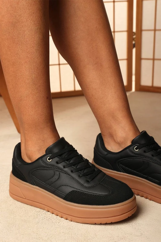 Image of Where's That From Womens 'Yulia' Low Wedge Lace up trainer with leopard print heel detail in Black Size: 5 Black Female 5