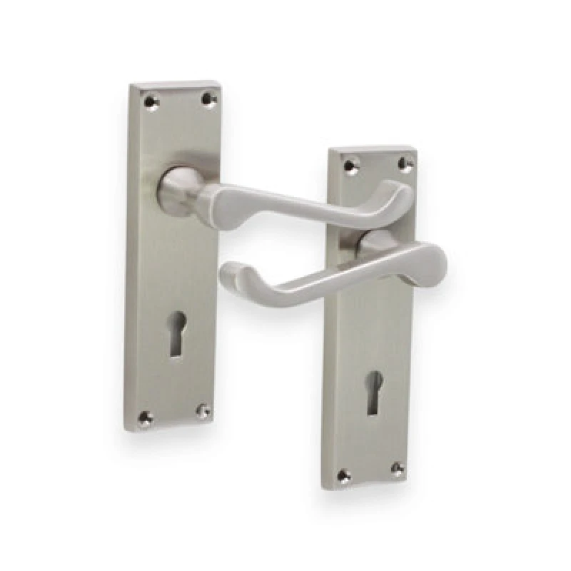 Image of Spira Brass Victorian Scroll Lock Lever Handle 150mm Satin Nickel