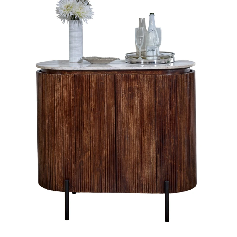 Image of Indian Hub Opal Solid Wood Sideboard/Drinks Cabinet With Marble Top & Metal Legs