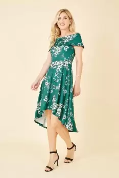Image of Green Floral Bardot Dipped Hem Dress