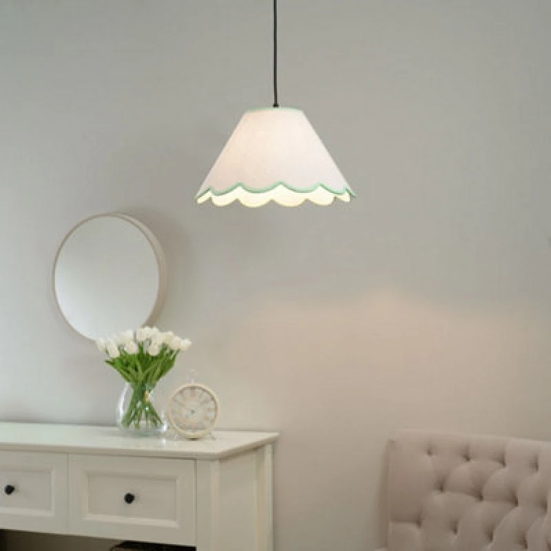 Image of ValueLights Florie Natural Linen Large Tapered Scallop Pastel Trim Lamp Shade & LED Bulb Green