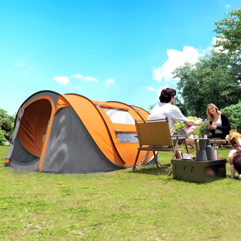 Image of Outsunny 5 Person Camping Tent w/ Water-Fighting Rainfly & Pop-Up Design Orange
