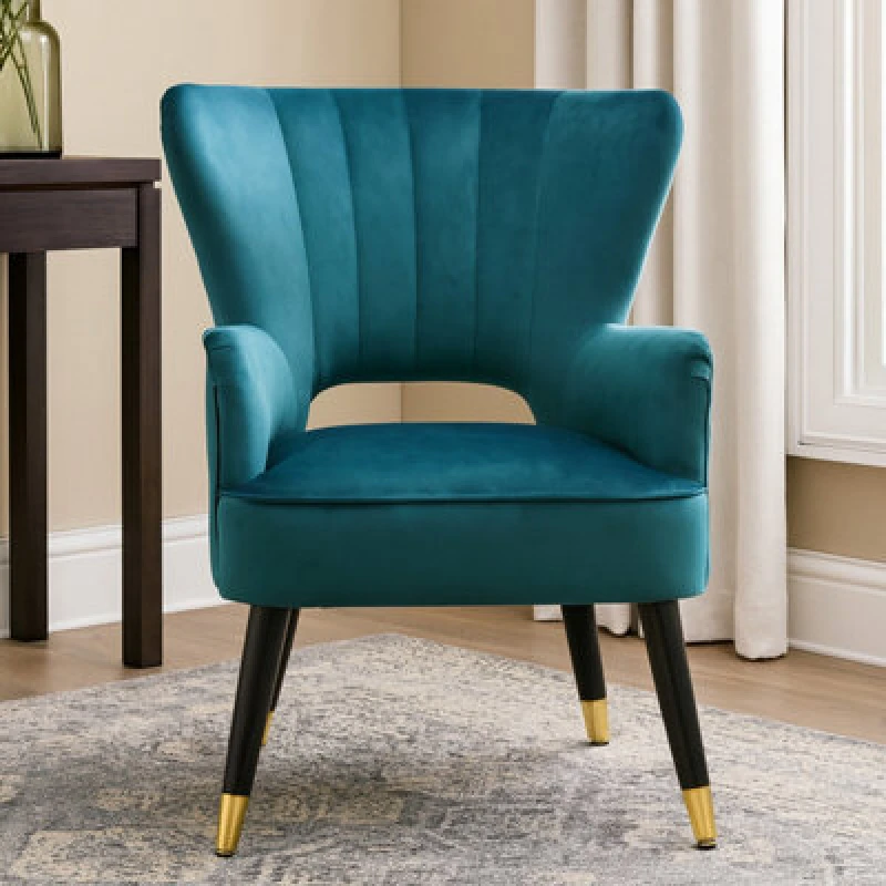 Image of Orsina Green Velvet Armchair, Accent Chair With Gold Finish Rubberwood Legs, Modern Design Highback Chair