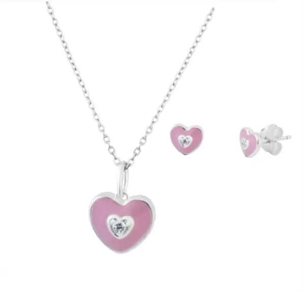 Image of Kids Pink Enamel Cubic Zirconia Heart Pendant & Stud Earring Set