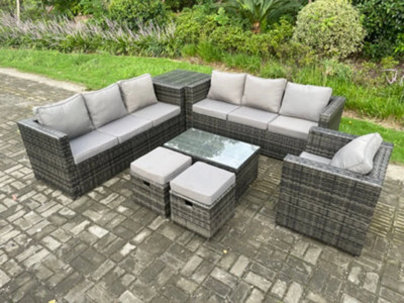 Image of Fimous Wicker PE Rattan Sofa Set Outdoor Patio Garden Furniture with Armchair Oblong Coffee Table Side Table Dark Grey Mixed Dark Grey
