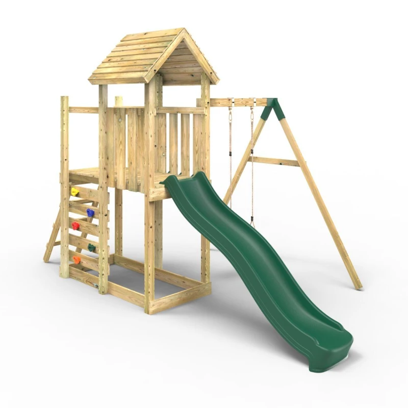 Image of OutdoorToys Extended Tower Garden Wooden Climbing Frame with Swings & Slide for Kids - Rushmore in Beige Beige Unisex