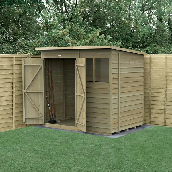 Image of 7' x 5' Forest 4Life 25yr Guarantee Overlap Pressure Treated Double Door Pent Wooden Shed (2.26m x 1.69m)