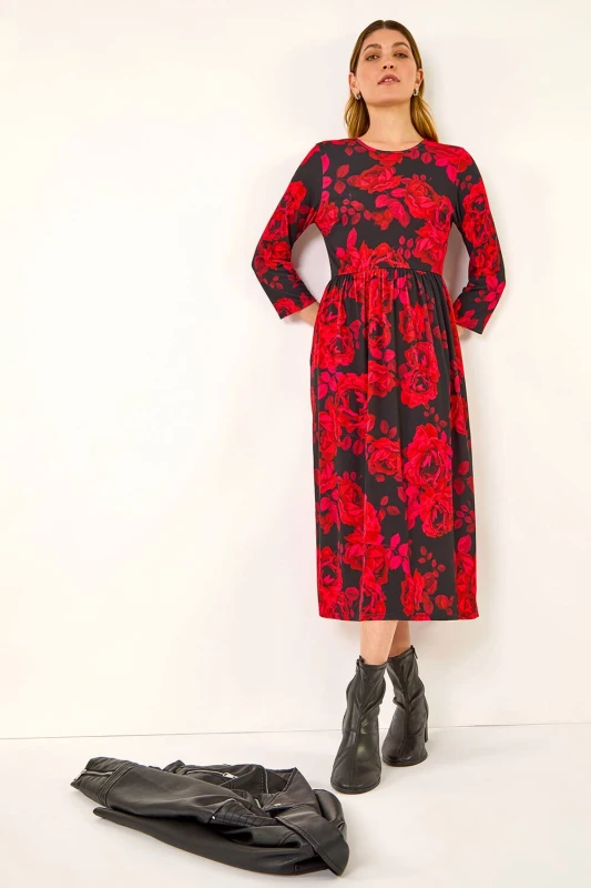 Image of Roman Womens Rose Print Gathered Stretch Midi Dress Size: 10 Multicolor Female 10