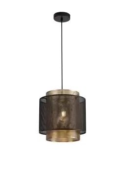 Image of Single Large Ceiling Pendant, 1 Light Adjustable E27, Matt Black, Satin Gold