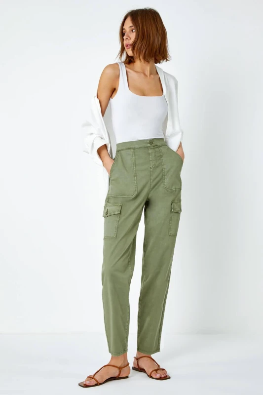 Image of Roman Womens Cotton Cargo Stretch Trousers in Dark Green Size: 12 Dark Green Female 12