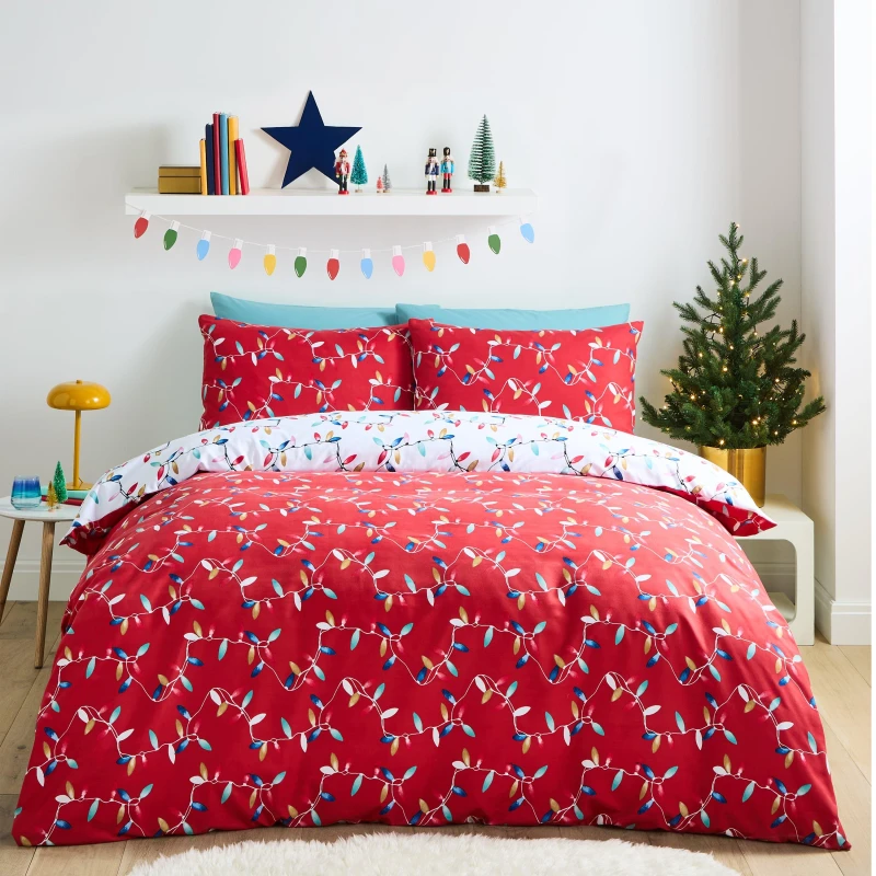 Image of Catherine Lansfield Christmas Lights Reversible Duvet Cover and Pillowcase Set Red